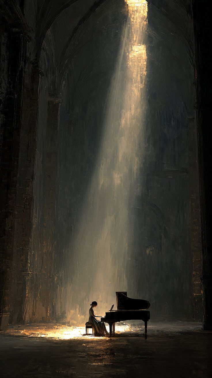 A pianist at a grand piano in a shaft of light